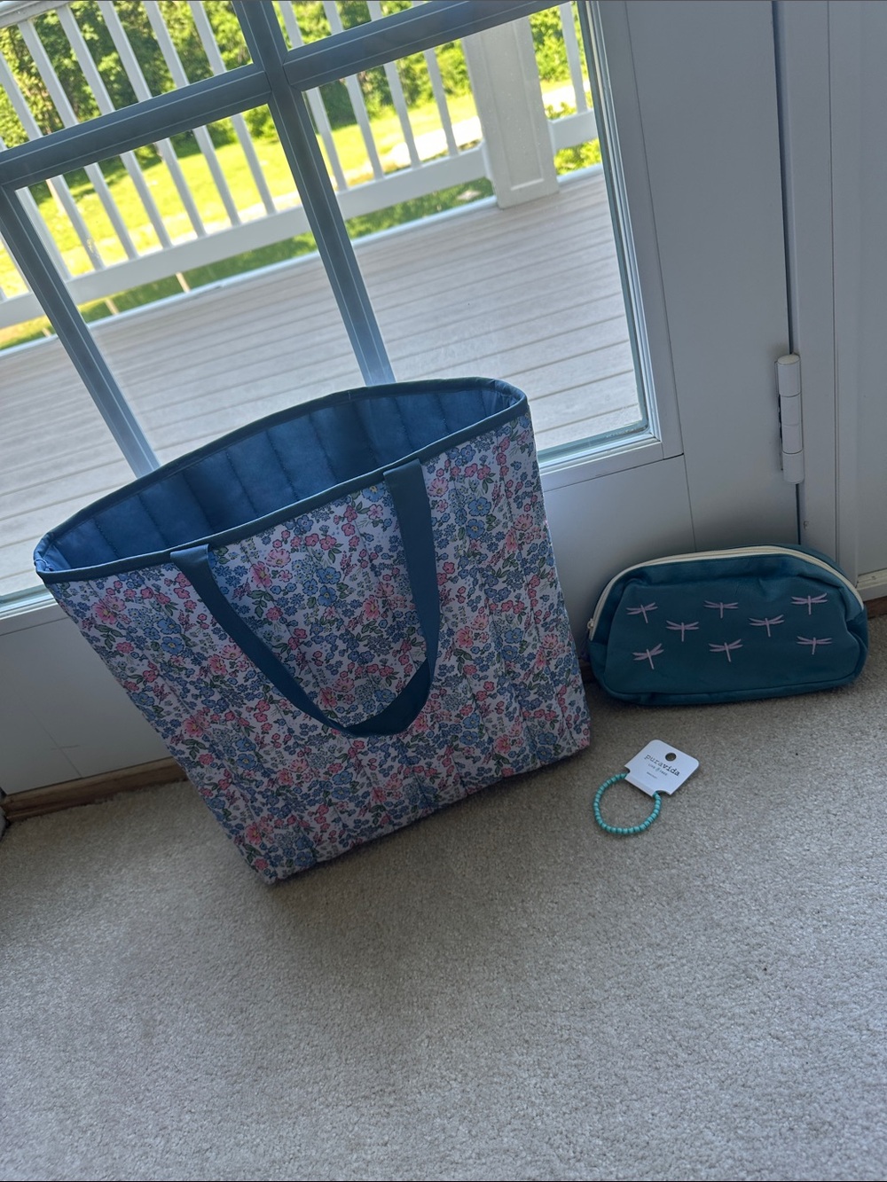 🌺 Floral Blue Tote Bag with Teal Dragonfly Pouch